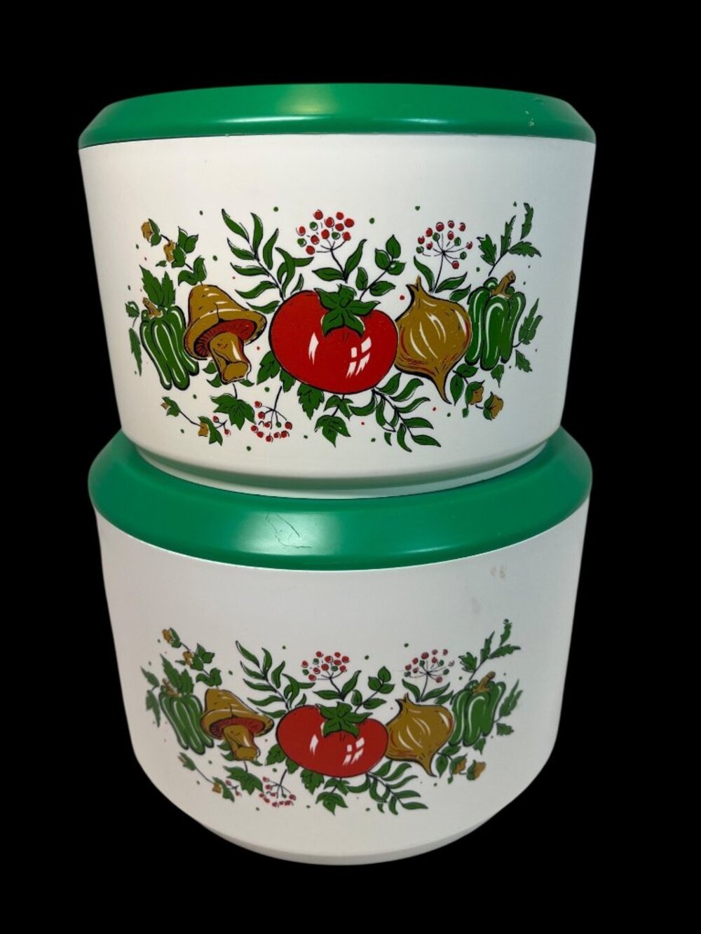 Vintage Stackable Plastic Storage Bowls With Lids Green & White With Vegetable D
